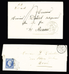 Cursive "54 Baud" + T13 "Pontivy (34)" (1830 - ind 10) et n°14 OBL PC 286 + T15 "Baud (54)" (1860 - ind 13). TB