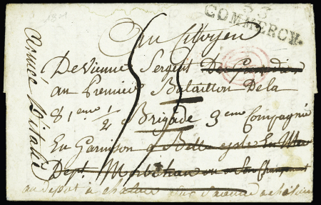 Lettre de Commercy pour un militaire à Belle-Ile avec au verso MP rouge "54 Belle Isle en Mer" utilisé comme déboursé + cachet ovale illustré noir "Remontes générales Dept de la guerre" (An 9). Rare et TB