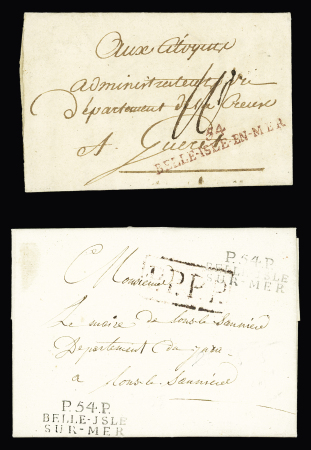 2 plis : MP rouge "54 Belle Isle en Mer" (An 4, ind 10) et MP noire "P 54 P Belle Isle sur Mer" (1819 - ind 13). TB