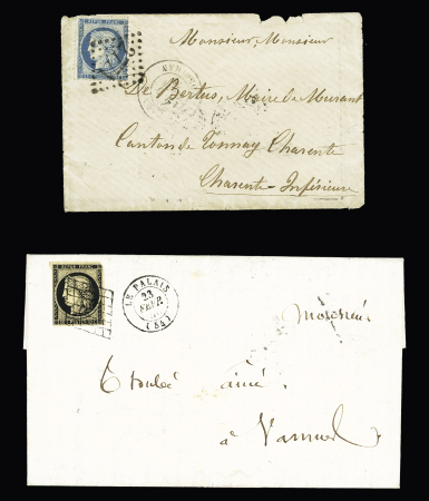 2 lettres n°3 OBL grille + T15 "Le Palais (54)" (1850 - ind 16) et n°60 OBL GC 2771 + T18 "Le Palais Morbihan" (1876). TB