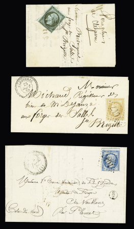 Cleguerec : n°22 OBL GC 1047 + T22 (1867) + boite rurale supplémentaire B2 - n°19, 1c olive OBL T22 (1867) sur imprimé sous bande - n°28 OBL GC 1047 + T22 (1868) sur lettre locale