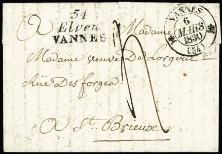 Elven - 2 plis : cursive "54 Elven Vannes" + T12 "Vannes (54)" (1830) et cursive "54 Elven" + décime rural rouge (1841) ind 26 et ind 10. RR et TB. Photo de la cursive 54 Elven Nantes