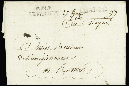 Le Faouet : MP "P 54 P Le Faouet" (1795) + griffe noire "chargé", ind 20+. TB