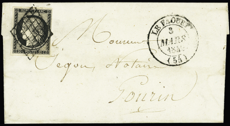 2 lettres : n°3 OBL grille + T14 "Le Faouet (54)" (1849) et lettre T12 "Le Faouet (54)" (1832) ind 18 et 19, photo de la lettre avec le 20c noir. TB
