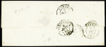 La Gacilly : 2 lettres : n°4 OBL grille + cursive "54 La Gacilly" + T15 "Carentoir (54)" (1851) et lettre sans timbre avec cursive "54 La Gacilly" + T15 Carentoir (54)" (1851) + boite rurale E de l'Ermitage. TB. Photo d