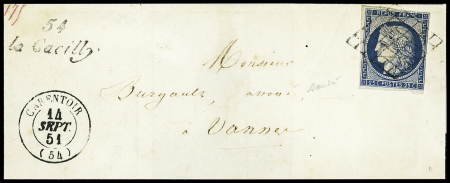 La Gacilly : 2 lettres : n°4 OBL grille + cursive "54 La Gacilly" + T15 "Carentoir (54)" (1851) et lettre sans timbre avec cursive "54 La Gacilly" + T15 Carentoir (54)" (1851) + boite rurale E de l'Ermitage. TB. Photo d