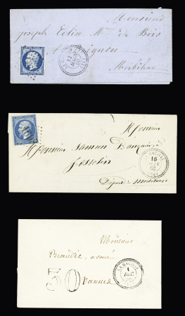 3 plis : n°14 OBL PC 1357 + T22 "La Gacilly (54)" (1860), n°22 OBL GC 1608 + T22 "La Gacilly (54)" (1863) et LST avec T22 "La Gacilly (54)" (1858) + taxe 30 double-trait. TB