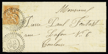 Erdeven : n°117, 15c Mouchon, OBL CAD perlé "Erdeven Morbihan" (1901) répété à côté sur lettre, ind 10. TB