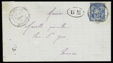 Les Forges : n°90 OBL CAD perlé T25 "Les Forges Morbihan" (1886) + "BM" dans un ovale sur lettre, ind 17. TB