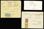 Gourin : 3 lettres : LST avec cursive "54 Gourin" + T14 Le Faouet (54)" (1843) - n°71 + 92 en paire, type Sage OBL CAD T18 "Le Faouet Morbihan" (1883) sur lettre chargée (VD 65F) et n°143, 45c Merson, OBL CAD 1 cercle