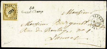 Grand-Champ : n°1 OBL PC 1429 + cursive "54 Grand-Champ" + T15 Vannes (1852 sur lettre, ind 20. Rare et TB