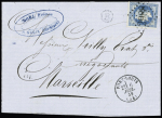 Groix : 2 lettres : n°60 OBL GC 6020 + T24 "Groix (54)" (1875) et n°29 OBL GC 2988 + T16 "Port-Louis (54)" (1869) (ind 20) sur lettre avec boite rurale "B" de Groix, jolies pièces. Photo du GC 6020