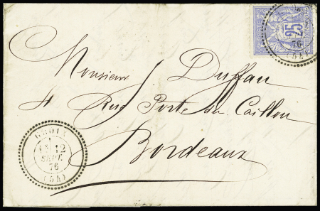 N°78, 25c Sage, OBL CAD perlé T24 "Groix (54)" (1876) répété à côté sur lettre, ind 19. TB