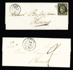 Guer : 2 lettres : cursive "54 Guer" + T14 "Plélan (54)" (1842) (ind 10) et n°3 OBL GRILLE + T15 "Guer (54)" (1850) (ind 19), jolies pièces