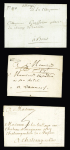 Hennebont : 3 lettres : MP "HenB" (L2 - 1751), "Hen B" + "Port-Payé" manuscrit, lettre avec mention manuscrite "chargé" (1793 - 1ère date connue). Ensemble rare et TB