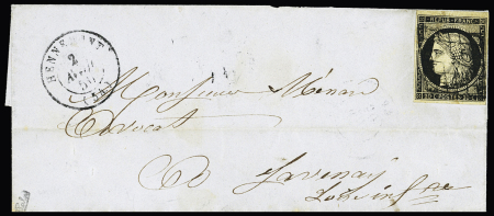 N°3 OBL grille + T15 "Hennebont (54)" (1850) sur lettre, ind 15. TB