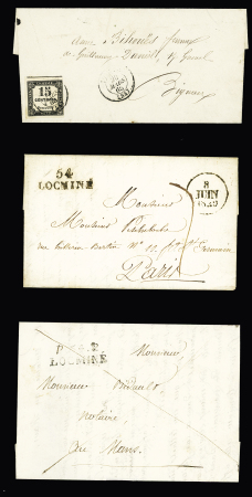 3 plis : P 54 P Locmine (1810 - ind 24) - 54 Locmine (1829 - ind 15) - timbre-taxe n°3 OBL T15 Locminé (1865). TB
