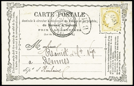 Lalançac : n°59 OBL PC du GC 4434 + CAD perlé "Malançac (54)" (1873) + "BM" dans un ovale sur carte postale précurseur, ind 18, rare et TB