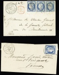 Malestroit : 3 plis : cursive "54 Malestroit" + MP "P 54 P Vannes" (1831 - ind 23) - n°60, bande de 3 OBL GC 2180 + T18 "Malestroit Morbihan" (1875) sur lettre recommandée et n°60 OBL CAD T18 "Malestroit Morbihan" (18