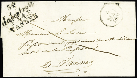 Malestroit : 3 plis : cursive "54 Malestroit" + MP "P 54 P Vannes" (1831 - ind 23) - n°60, bande de 3 OBL GC 2180 + T18 "Malestroit Morbihan" (1875) sur lettre recommandée et n°60 OBL CAD T18 "Malestroit Morbihan" (18