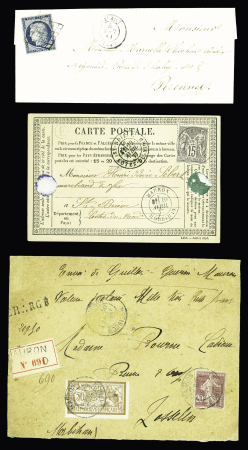 Mauron : 3 plis : n°4 OBL grille + T15 "Mauron (54)" (1851) - n°77 OBL CAD bleuté "Mauron Morbihan" (1877) + boite rurale "E" de Concoret sur CP précurseur - n°120 + 139 OBL Mauron (1915) sur lettre chargée (VD 13