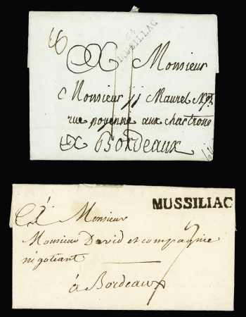 Muzillac : 2 plis : MP "Mussilac" (L n°1 - 1728 - ind 14) et MP "54 Musillac" (1813 - ind 11). TB