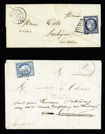 2 lettres : n°4 OBL grille + T15 "Muzillac (54)" (1851 - id 15) et n°60 OBL GC 2594 + T16 "Muzillac (54)" (1851 - ind 15) et n°60 OBL GC 2594 + T16 "Muzillac (54)" + boite supplémentaire E2 (Pénerf). TB