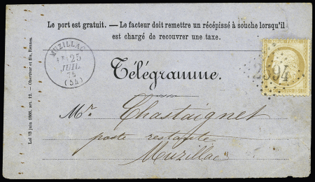 N°55 OBL GC 2594 + T16 "Muzillac (54)" (1875) sur télégramme. Rare et TB