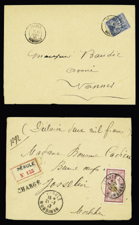Peaule : 2 lettres : n°90 OBL CAD T18 Peaule Morbihan (1883) et n°121, 1F Merson, OBL CAD 1 cercle "Meaule Morbihan" (1917) sur lettre chargée (VD 2000F). TB
