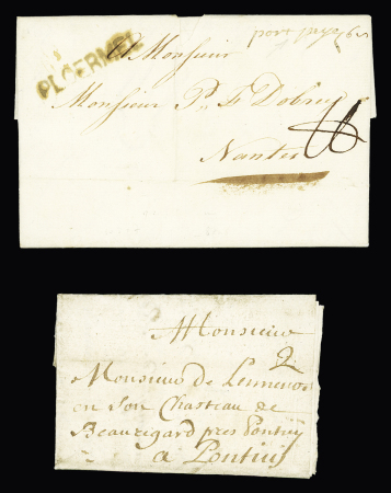 Ploermel : 2 lettres : taxe 2 sols manuscrite (1700 - ind 12) - lettre de Josselin avec MP "Ploermel" (1770) + "Port Payé" manuscrit (ind 18). TB
