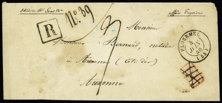 Lettre recommandée avec CAD T15 "Ploermel (54)" (1848) + "R" encadré + "PP" rouge (rayé). Peu courant et TB