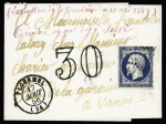 N°14, timbre ayant déjà servi, sur lettre avec CAD T15 "Ploermel (54)" (1856) + taxe 30 double-trait + mention manuscrite "execution de la circulaire du 10 mai 1849". TB
