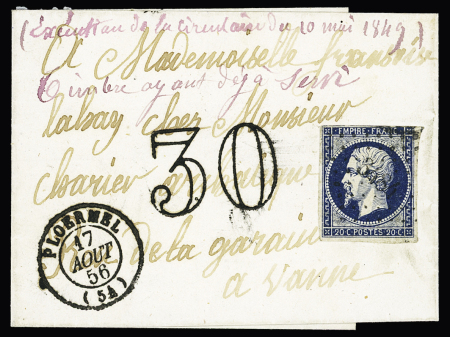 N°14, timbre ayant déjà servi, sur lettre avec CAD T15 "Ploermel (54)" (1856) + taxe 30 double-trait + mention manuscrite "execution de la circulaire du 10 mai 1849". TB