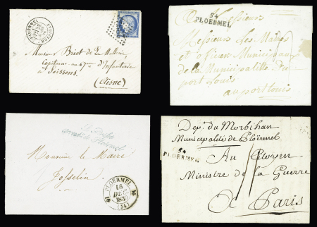 4 plis : MP "54 Ploermel" (1792) - MP "54 Ploermel" (An -) + griffe manuscrite "Municipalité de Ploermel" + taxe 11 manuscrite - CAD T12 "Ploermel (54)" (1839 + franchise bleue au tampon "Le Prefet arrondT de Ploermel"