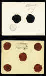 3 lettres Sage et Semeuse : n°72 en paire + 89 (replié) OBL T17 "Ploermel (54)" (1879) sur lettre chargée (VD 1700F) n°94 OBL T18 "Ploermel Morbihan" (1883) sur lettre recommandée - n°130, 3 pièces, OBL CAD type A