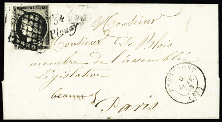 Plouay : n°3 OBL grille + cursive "54 Plouay" + T15 "Hennebont (54)" sur lettre, ind 23. Rare et TB. Certificat RHP