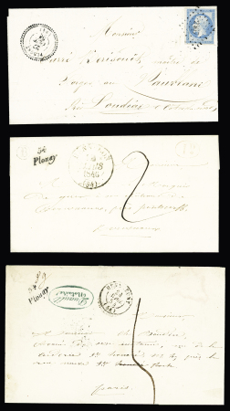 3 plis : cursive "54 Plouay" + T15 "Hennebont (54)" (1854) + taxe 5 manuscrite. Cursive "54 Plouay" + T13 Hennebont (54)" (1846) - n°14 OBL PC 2467 + T22 "Plouay (54)" (1858) (ind 11 - 11 et 12). TB