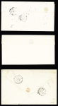 3 plis : cursive "54 Plouay" + T15 "Hennebont (54)" (1854) + taxe 5 manuscrite. Cursive "54 Plouay" + T13 Hennebont (54)" (1846) - n°14 OBL PC 2467 + T22 "Plouay (54)" (1858) (ind 11 - 11 et 12). TB
