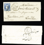 2 plis : cursive "54 Pluvigner" + T15 "Auray (54)" + taxe 25 double-trait - n°60 OBL GC 2908 + T17 "Pluvigner (54)" (1872) . Ind 13 et ind 8. TB