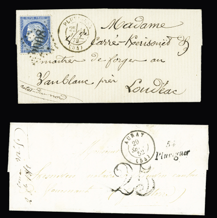 2 plis : cursive "54 Pluvigner" + T15 "Auray (54)" + taxe 25 double-trait - n°60 OBL GC 2908 + T17 "Pluvigner (54)" (1872) . Ind 13 et ind 8. TB