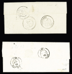 2 plis : cursive "54 Pluvigner" + T15 "Auray (54)" + taxe 25 double-trait - n°60 OBL GC 2908 + T17 "Pluvigner (54)" (1872) . Ind 13 et ind 8. TB