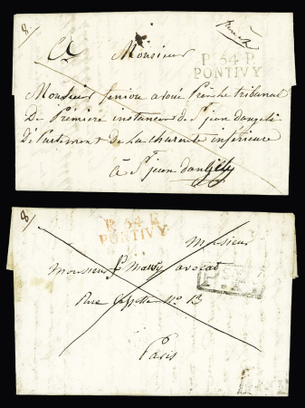 2 plis avec MP "P 54 P Pontivy" (32 mm rouge 1823 et 32mm noire 1824 ind 11). TB