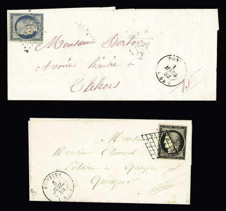 2 lettres : n°3 OBL grille + T15 "Pontivy (54)" (1849) signé JF Brun et n°4 OBL PC 2534 + T15 "Pontivy (54)" (1869), ind 14 et ind 22. TB