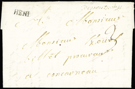 Pont-Scorff : marque manuscrite "Depontscorff" + MP tampon "Henb" (1753), ind 21. Rare et TB