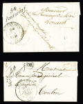 2 lettres : cursive "54 Pontscorf" + T13 Lorient (1841) + "PP" rouge encadré + "OR" de Guidel - cursive "54 Pontscorf" + T13 "Hennebon (54)" (1839), ind 17 et ind 14. TB