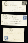 3 lettres : n°14 OBL PC 2517 + T15 "Pont Scorff (54)" (1861 - ind 13) - n°60 OBL GC 2957 + T16 "Pont Scorff (54)" (1876) - Taxe n°2 OBL T15 "Pont Scorff (54)" (1861) répété à côté. TB