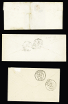 3 lettres : n°14 OBL PC 2517 + T15 "Pont Scorff (54)" (1861 - ind 13) - n°60 OBL GC 2957 + T16 "Pont Scorff (54)" (1876) - Taxe n°2 OBL T15 "Pont Scorff (54)" (1861) répété à côté. TB