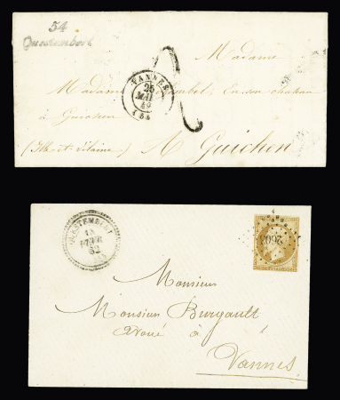 Questembert : LST avec cursive "54 Questembert" + T15 "Pont Scorff (54)" (1861) répété à côté. TB