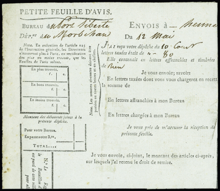 "Petite feuille d'avis" imprimée du bureau de Port Liberté pour Hennebont (1811). Rare et TB