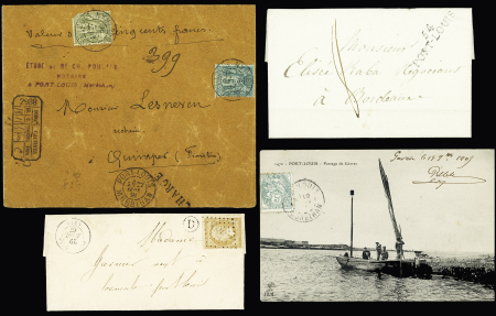 4 plis : MP "54 Port-Louis" (1818 - ind 10) - n°21 OBL GC 2988 + T15 "Port-Louis" ( 1867) + boite rurale "D" - n°111 OBL Port-Louis (1905) sur carte postale "Passage de Graves" avec boite rurale "B" - N°75 + 82 (def)